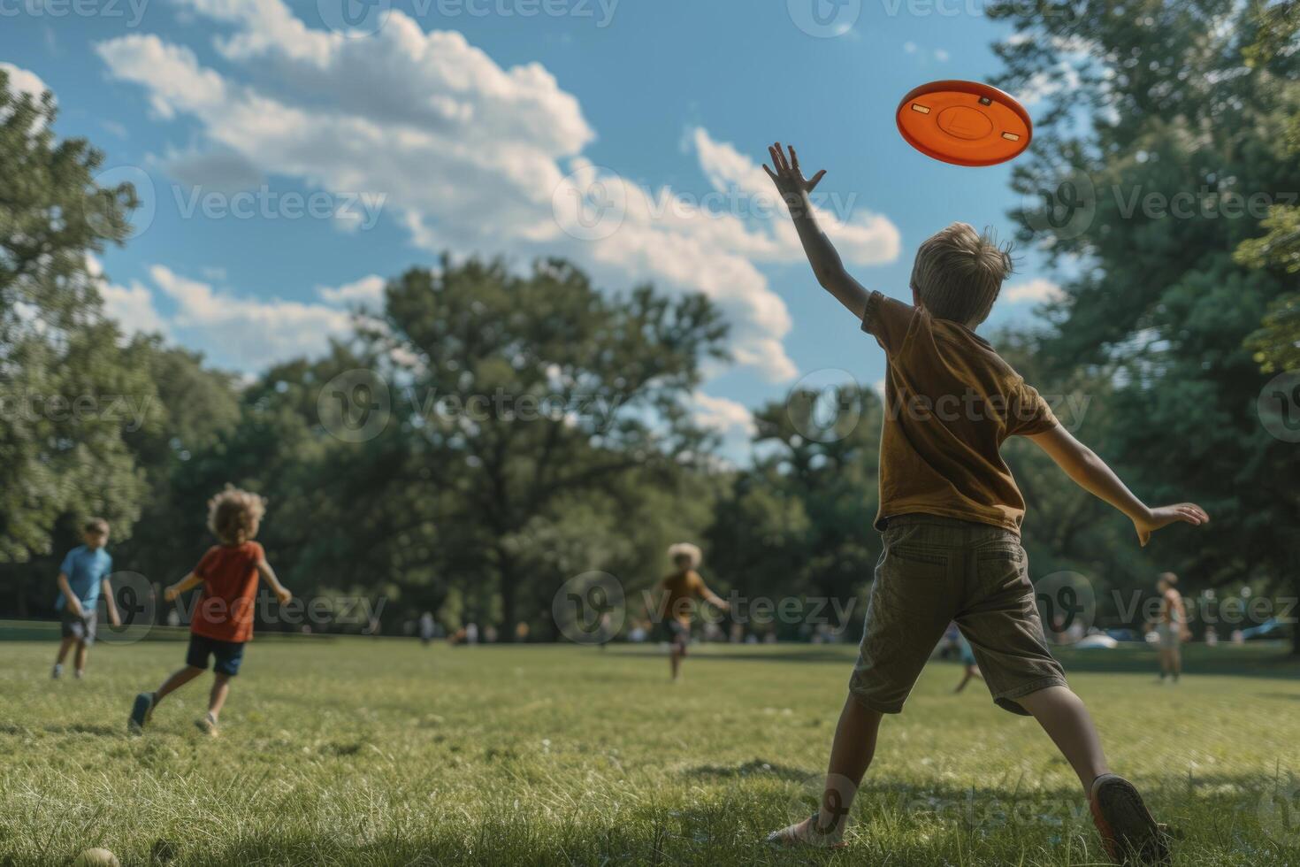 AI generated children playing outdoors. generative ai photo