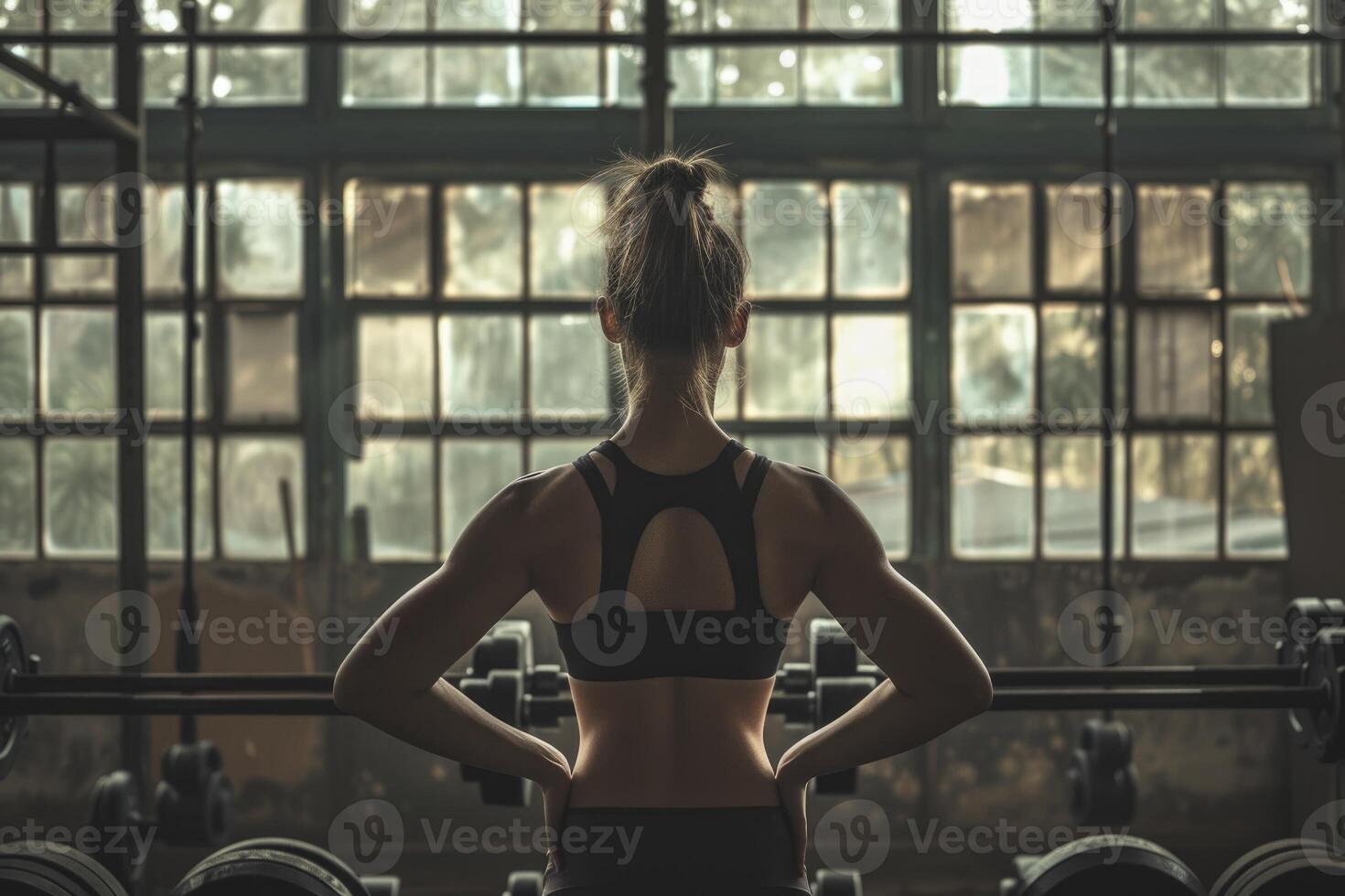 ai generado mujer en su espalda en levantamiento de pesas capacitación. generativo ai foto