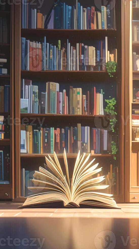 ai generado literario refugio pasillo de estantería con pilas de literatura libros vertical móvil fondo de pantalla foto