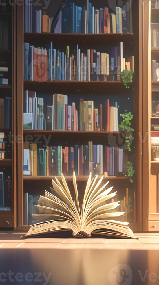 AI generated Literary haven Aisle of bookshelves with stacks of literature books Vertical Mobile Wallpaper photo