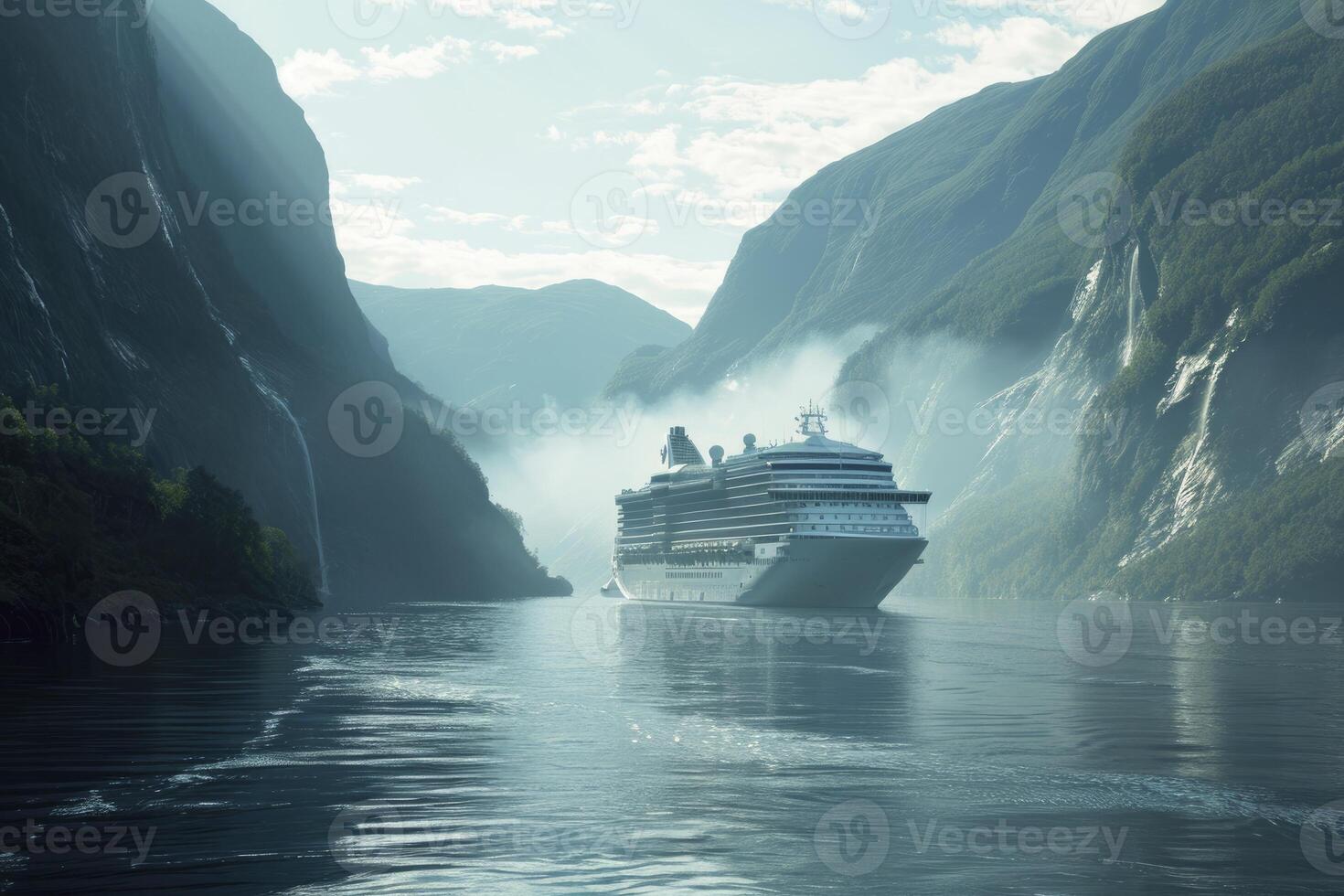 AI generated luxury cruise in the norwegian fjords. generative ai photo