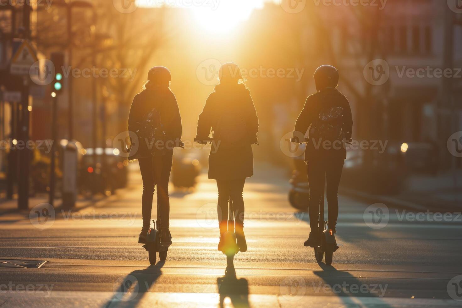 AI generated people riding electric scooters. generative ai photo