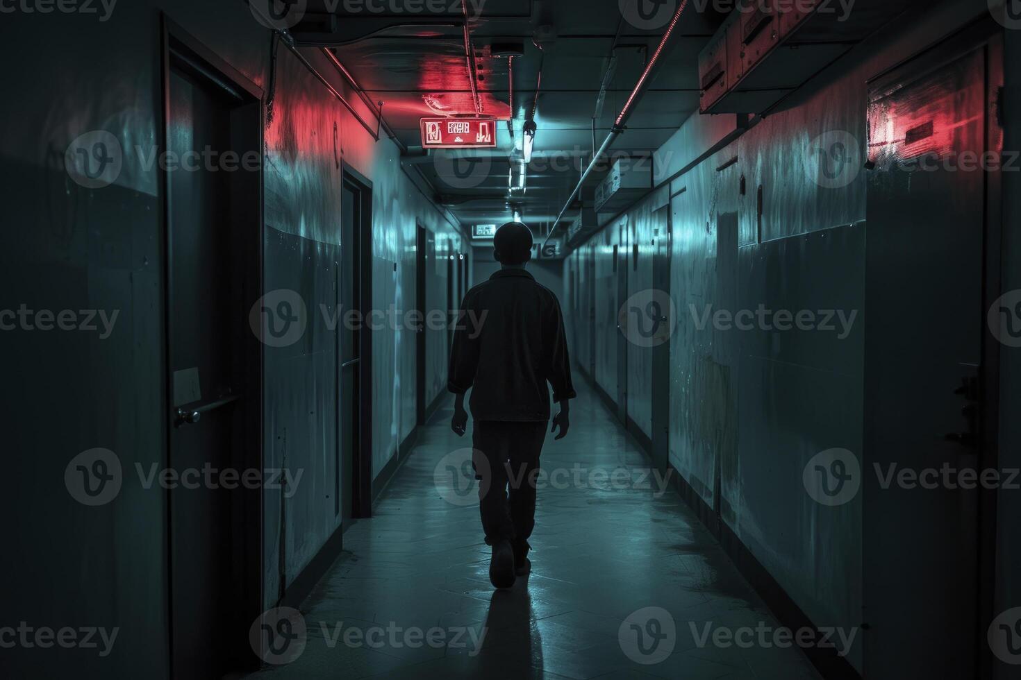 AI generated Mysterious Woman Walking in an Old, Abandoned Corridor .Generative ai. photo