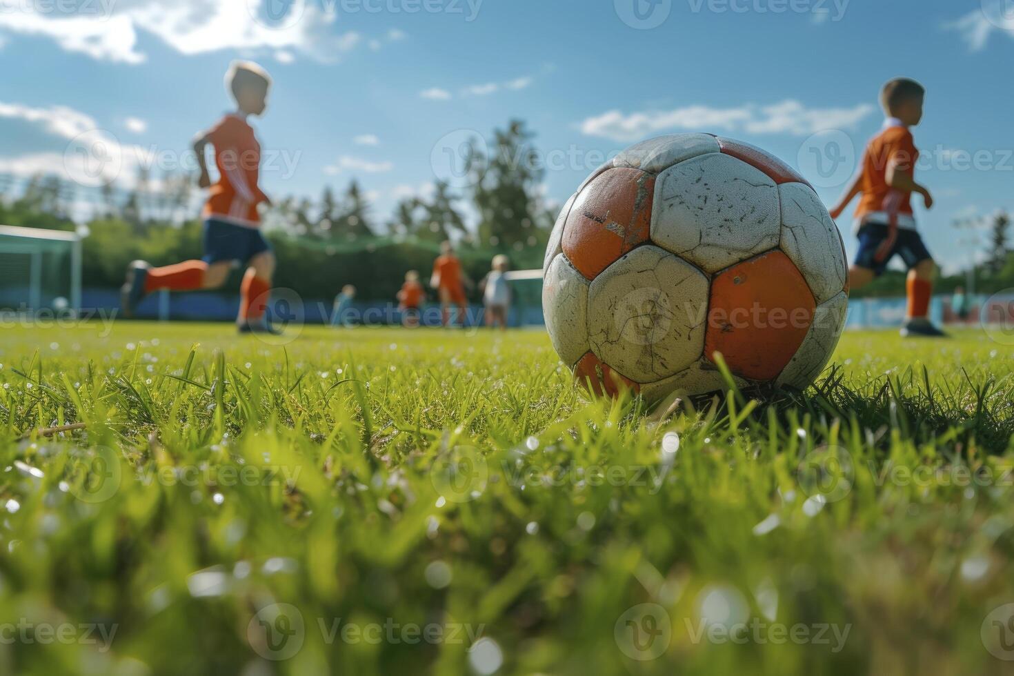 AI generated children playing soccer at a summer camp. generative ai photo