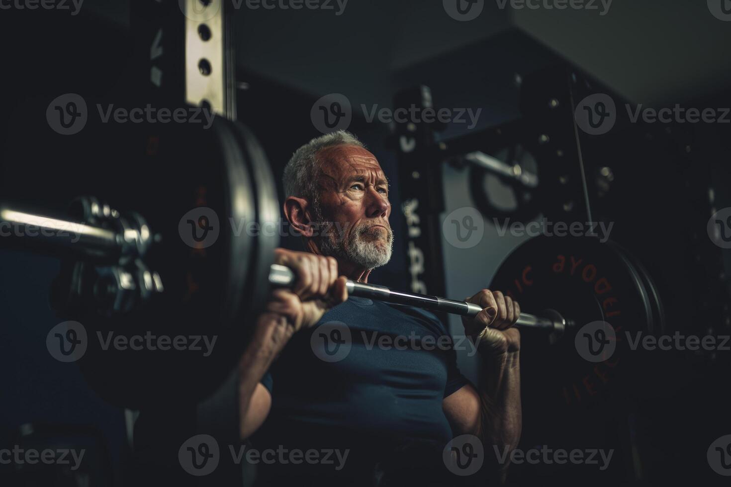 AI generated older man training powerlifting. generative ai photo