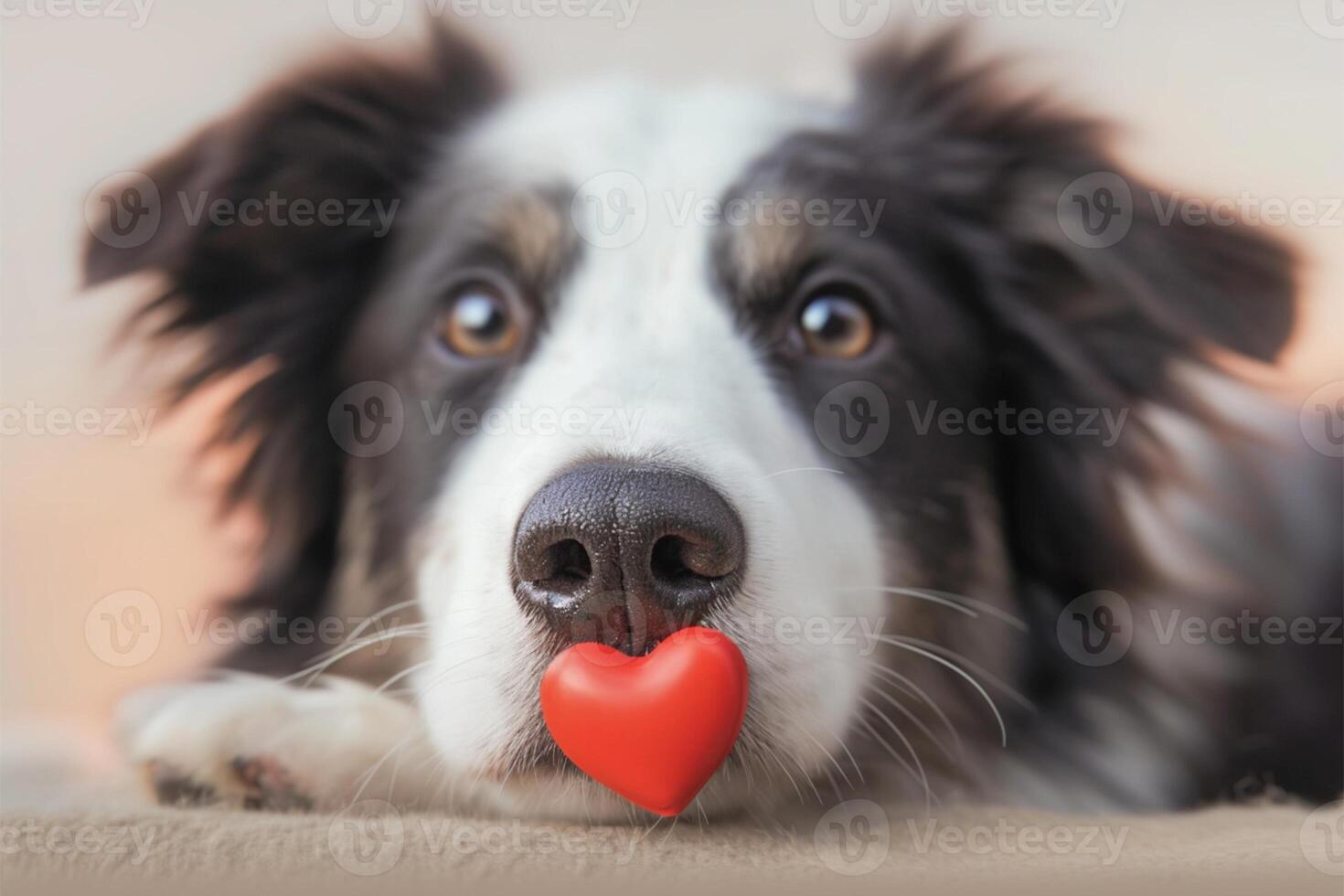 AI generated Photo Funny portrait Puppy border collie holds red heart on nose