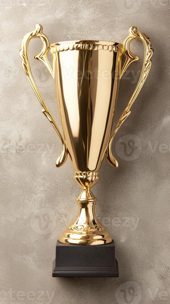 ai generado ganador oro trofeo taza en hormigón Roca gris fondo, parte superior ver vertical móvil fondo de pantalla foto