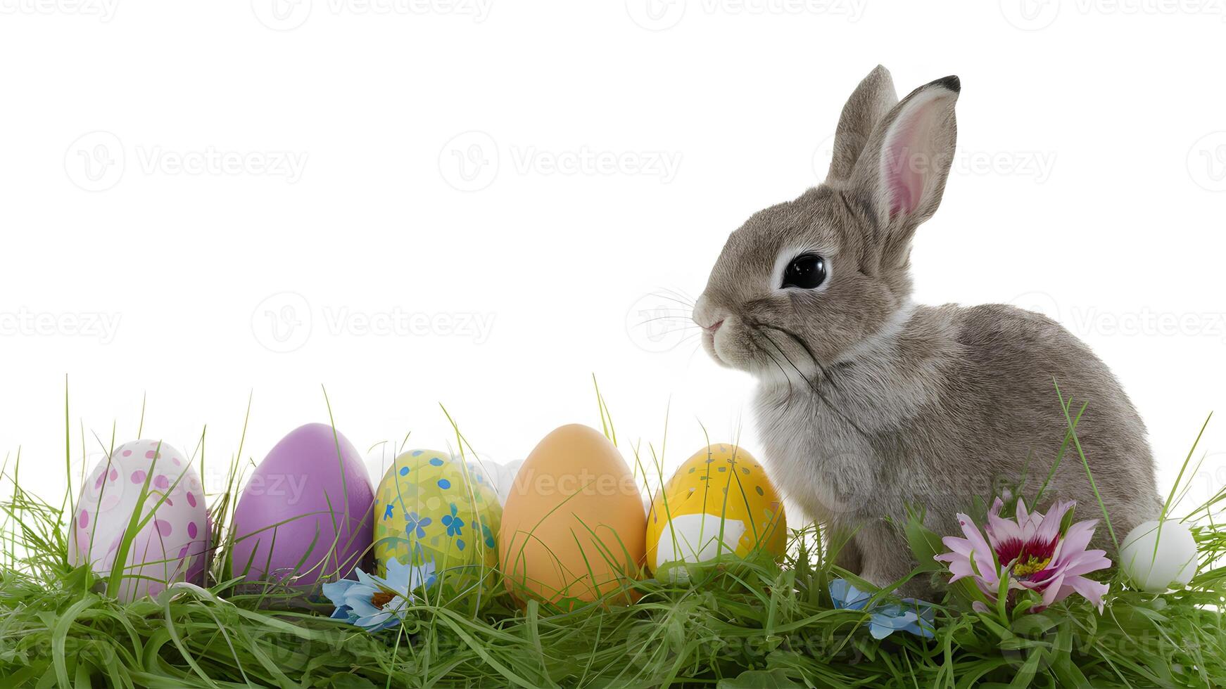 ai generado imagen blanco antecedentes con pequeño Pascua de Resurrección conejito, huevos, flores, césped foto