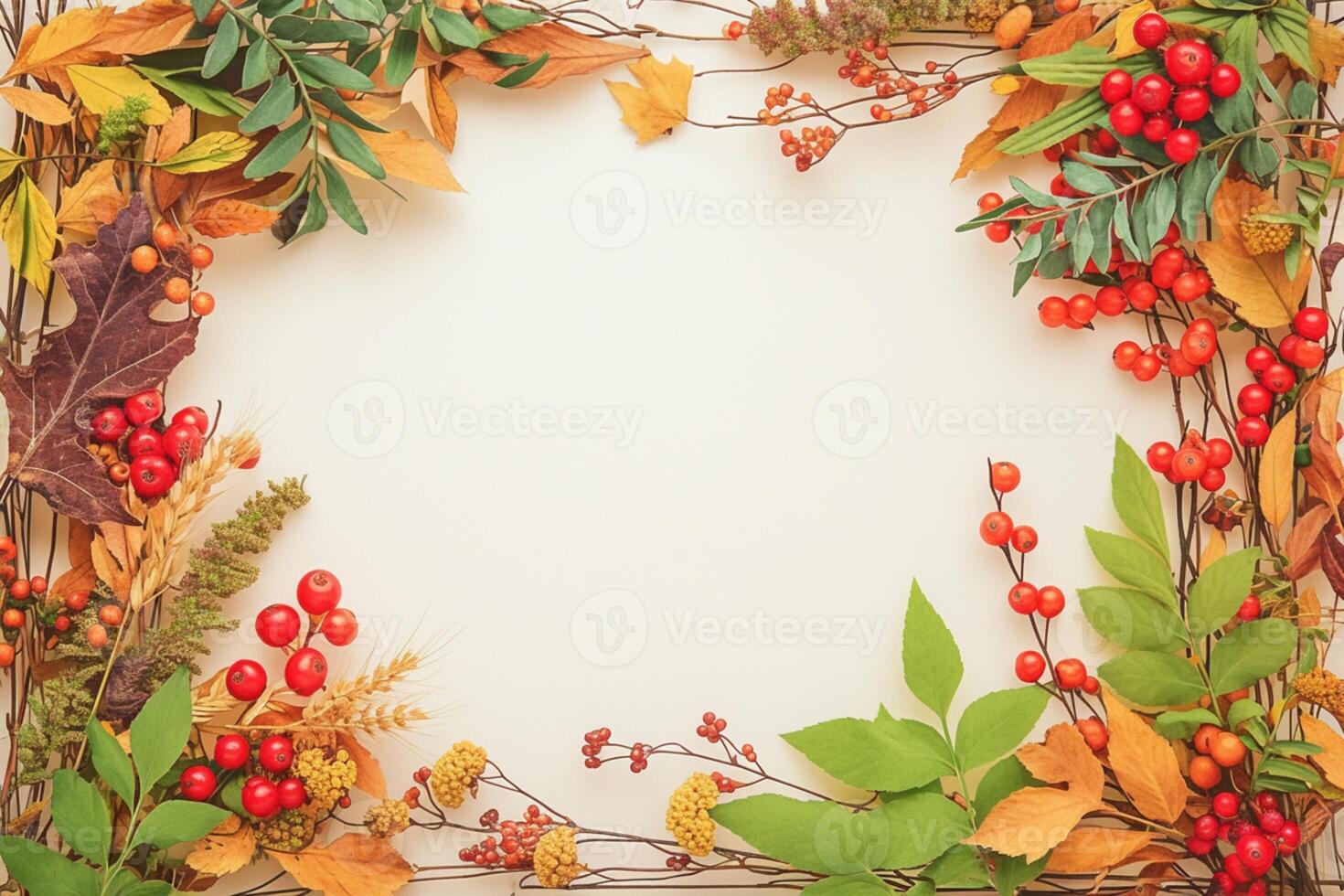 AI generated Fall vibes Autumn floral flat lay with viburnum berries frame photo