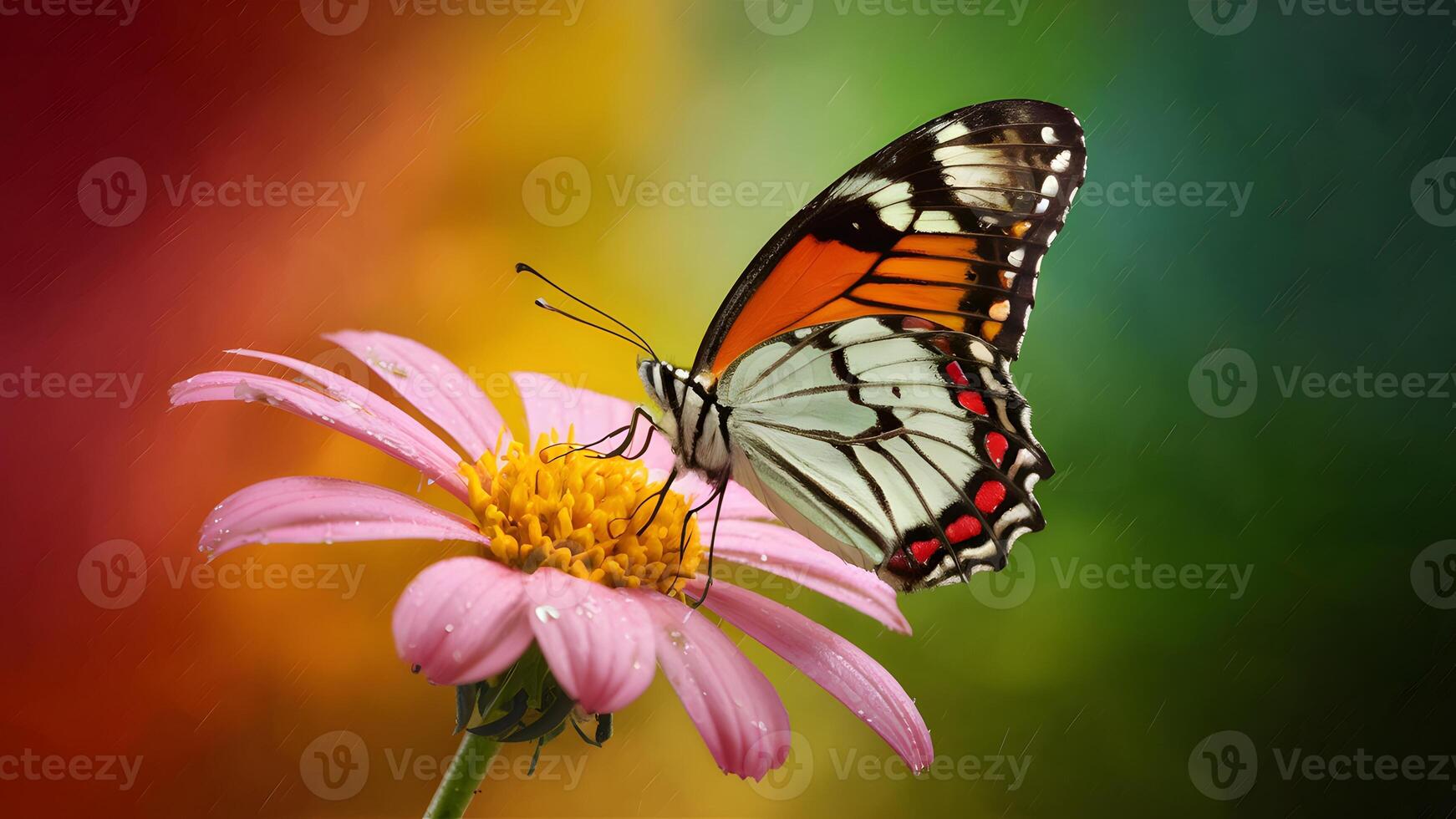 AI generated Butterfly rests on rain soaked flower against colored background photo