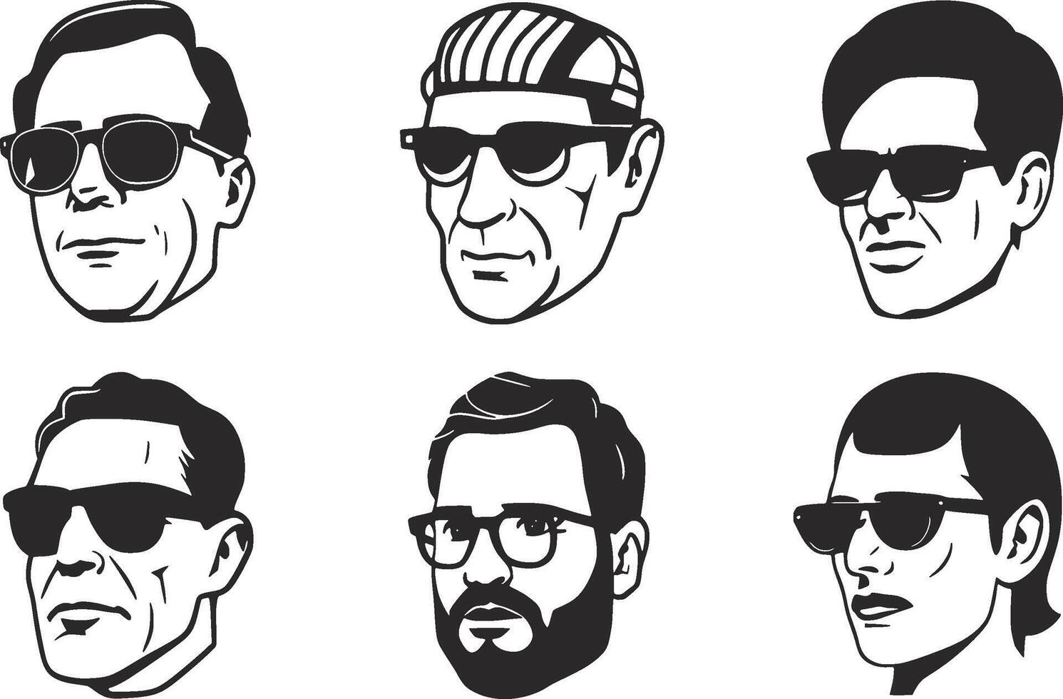 set of men's character faces with sunglasses vector