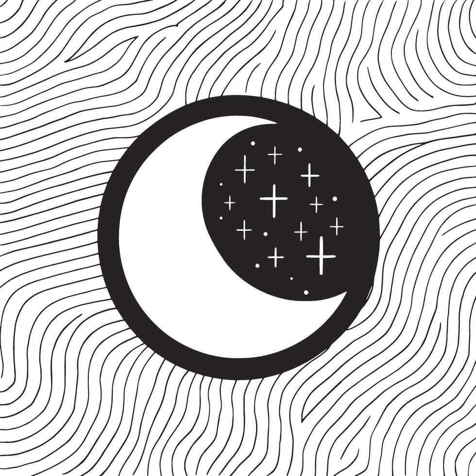 a black and white illustration of a crescent with stars vector