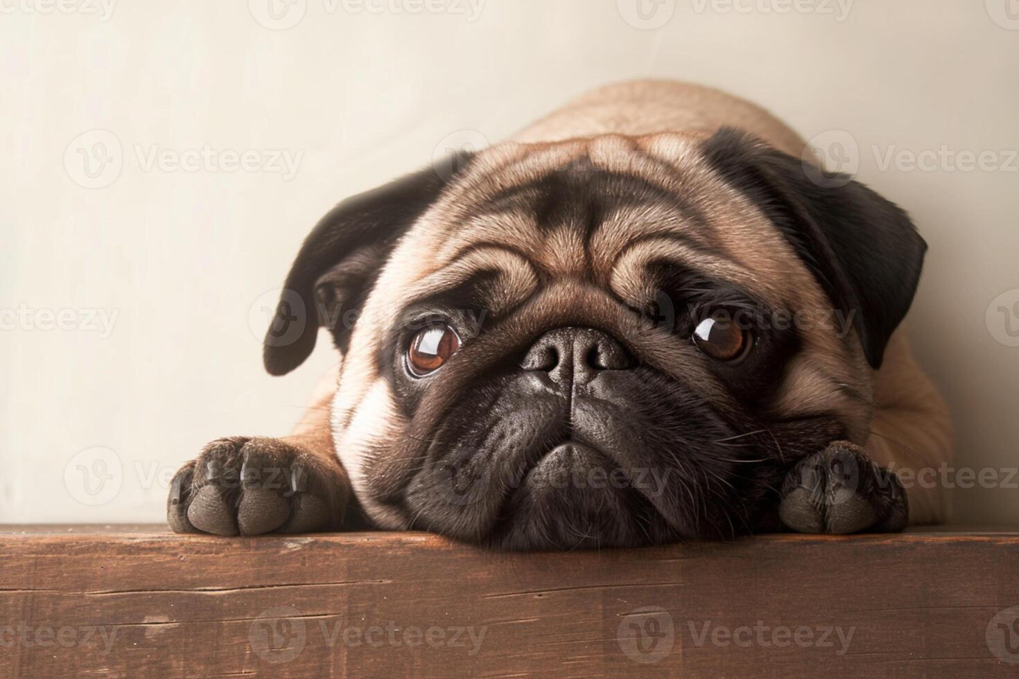 AI generated Home comfort Cute pug dog lounging on a wooden floor photo