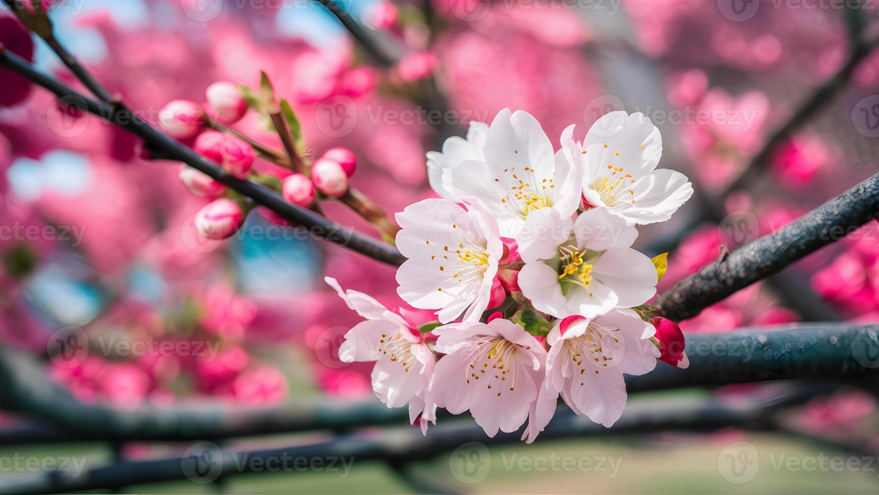 AI generated Img Shallow depth Sakura flower cherry blossom panoramic template photo