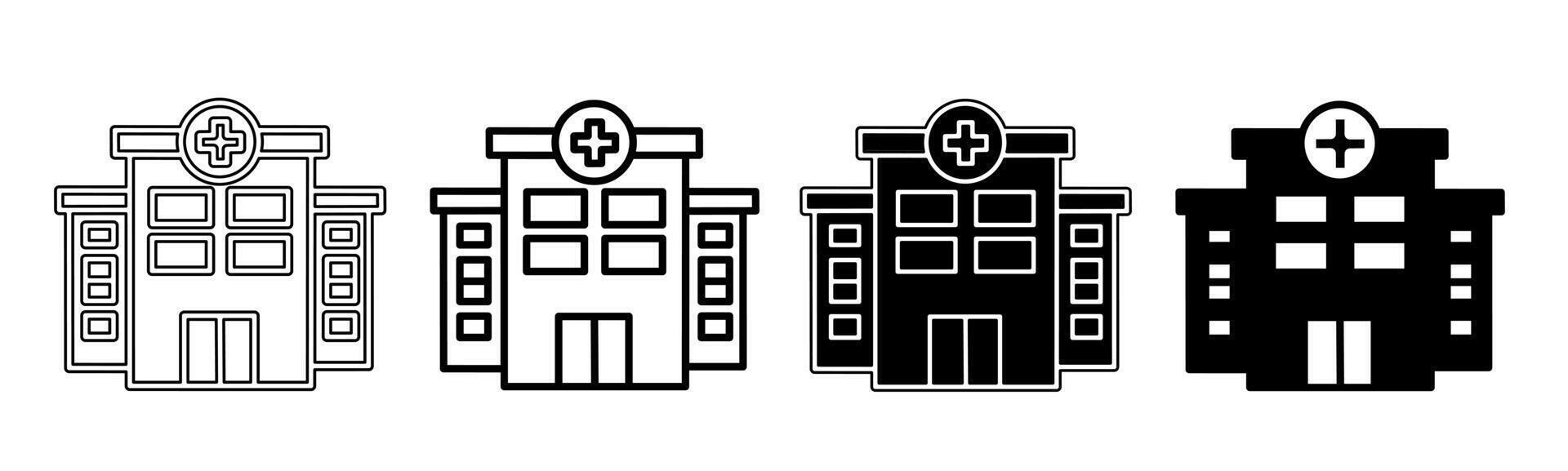 negro y blanco Ilustracion de un hospital. hospital icono colección con línea. valores vector ilustración.