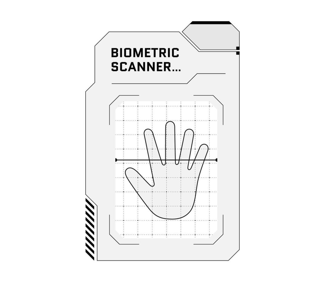 HUD digital futuristic user palm scan interface panel. Sci Fi high tech protection dashboard. Gaming menu hand biometric id recognition. Cyberspace fingerprint verification. Identity verification. Eps vector