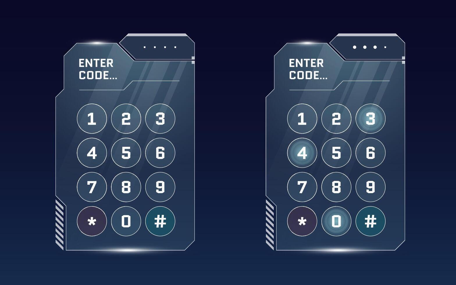 HUD digital futuristic user interface PIN code entry panel set. Sci Fi high tech protection glow screen GUI or FUI concept. Game menu authorization numeric password keypad. Unlock keyboard dashboard vector