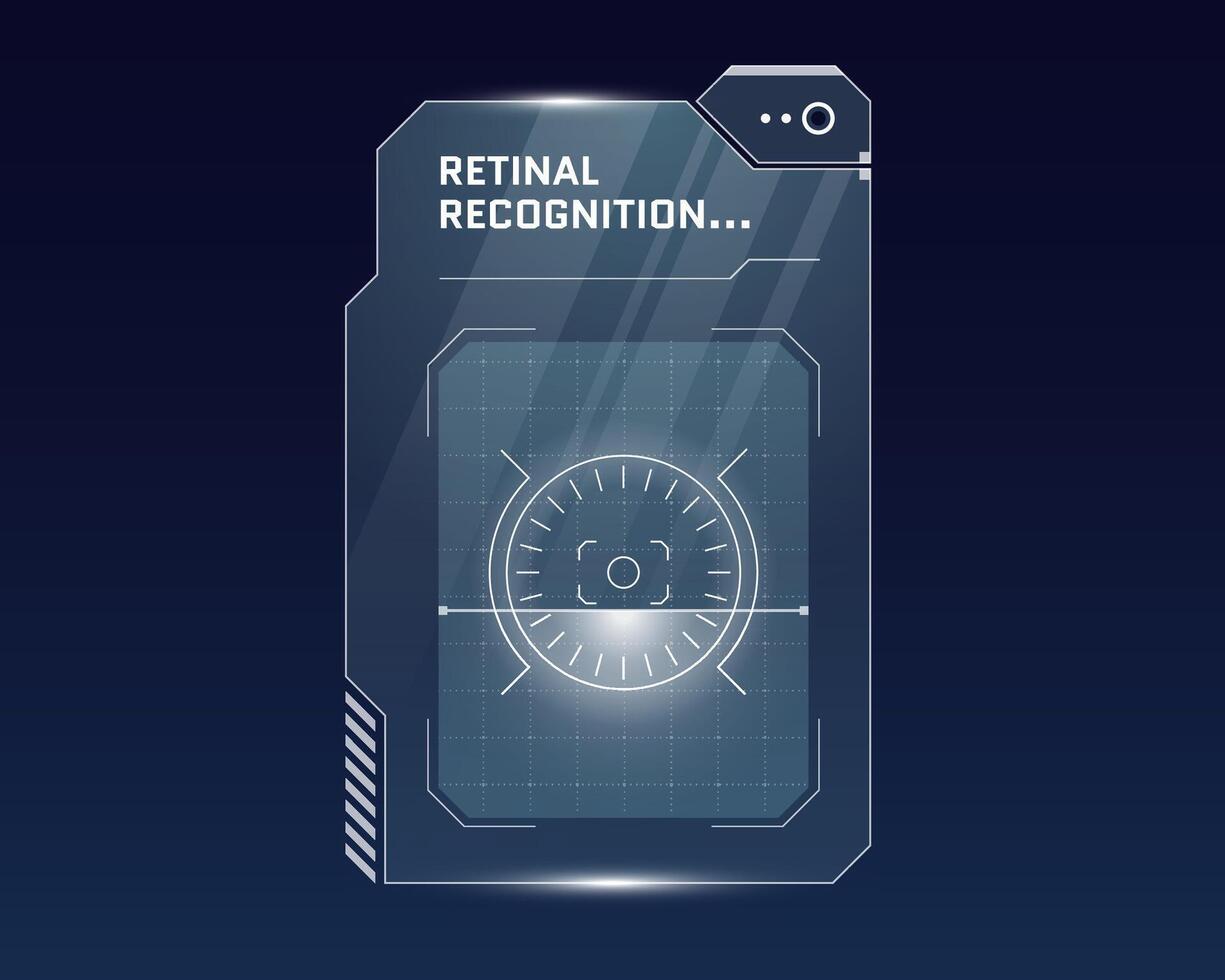 HUD retinal recognition biometric ID scan dashboard concept. User eye verification scanner. Person identity security digital panel. Human retina identification. Authorization interface eps design vector