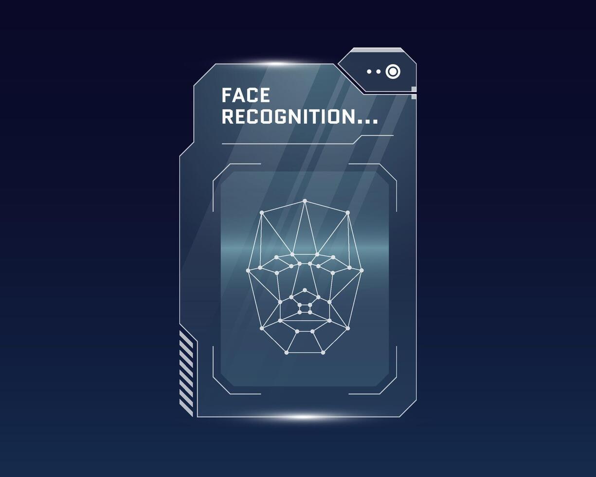 HUD face recognition biometric ID scan panel design. User facial verification scanner. Person identify security digital dashboard. Human identification scan unlock and authorization interface concept vector