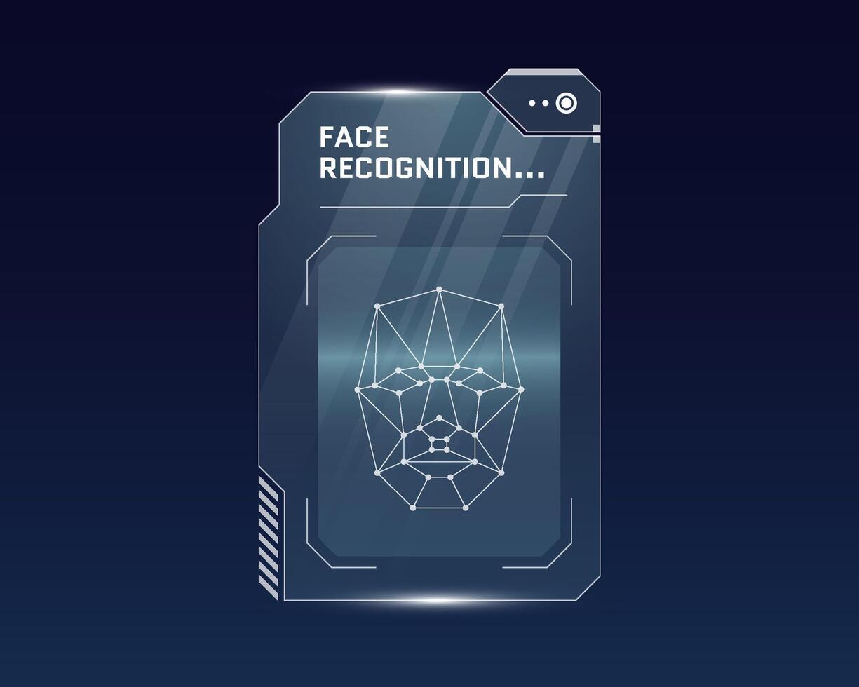 hud cara reconocimiento biométrico carné de identidad escanear panel diseño. usuario facial verificación escáner. persona identificar seguridad digital panel. humano identificación escanear desbloquear y autorización interfaz concepto vector