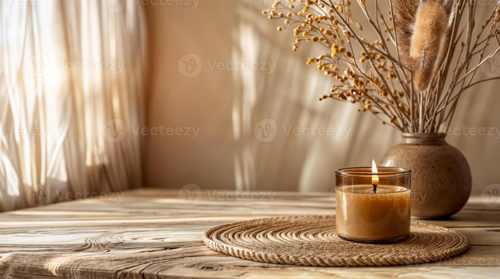 AI generated Lit handmade candle in glass jar on woven coaster on wooden table. Vase with dried flowers. Modern minimalistic boho interior. Background features a window with light beige curtains photo
