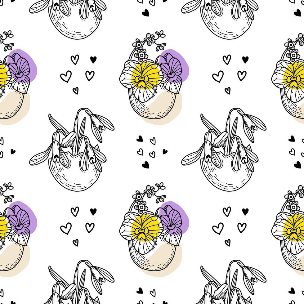 Cute hand drawn Easter seamless pattern with eggs and flowers, great for textiles, wallpapers. Vector doodle