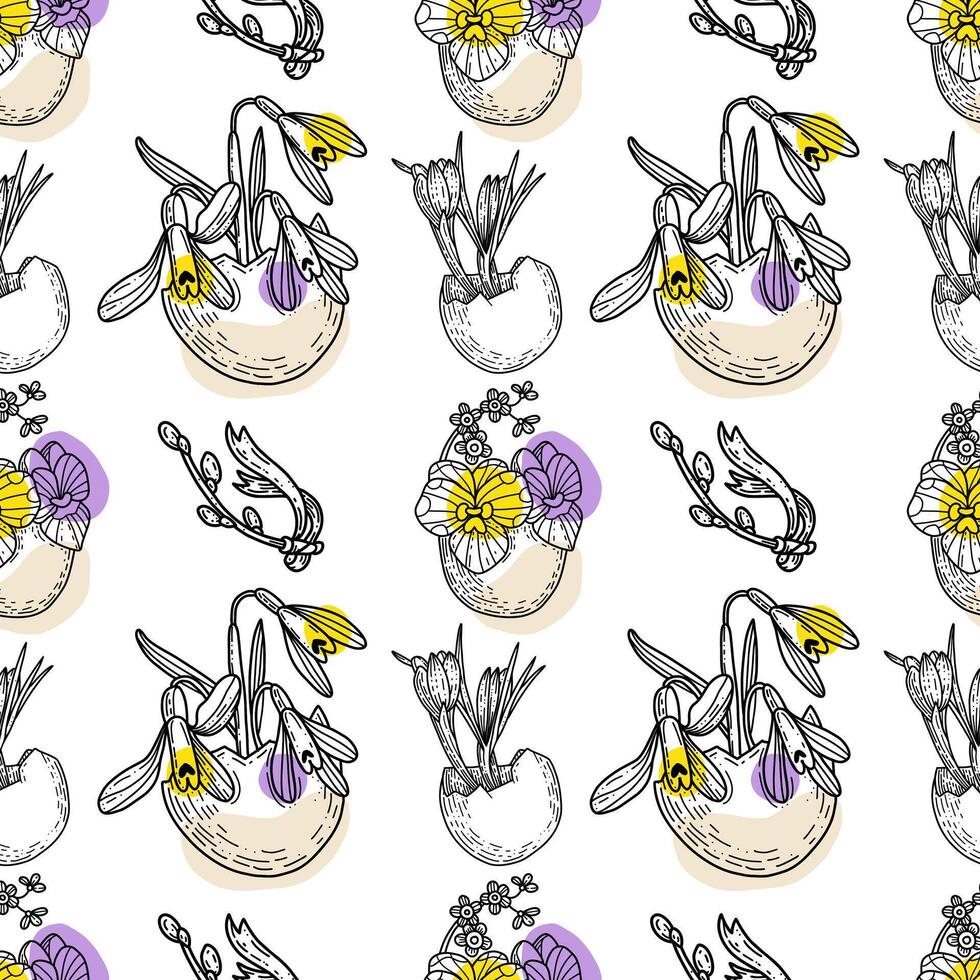 Cute hand drawn Easter seamless pattern with eggs and flowers, great for textiles, wallpapers. Vector doodle