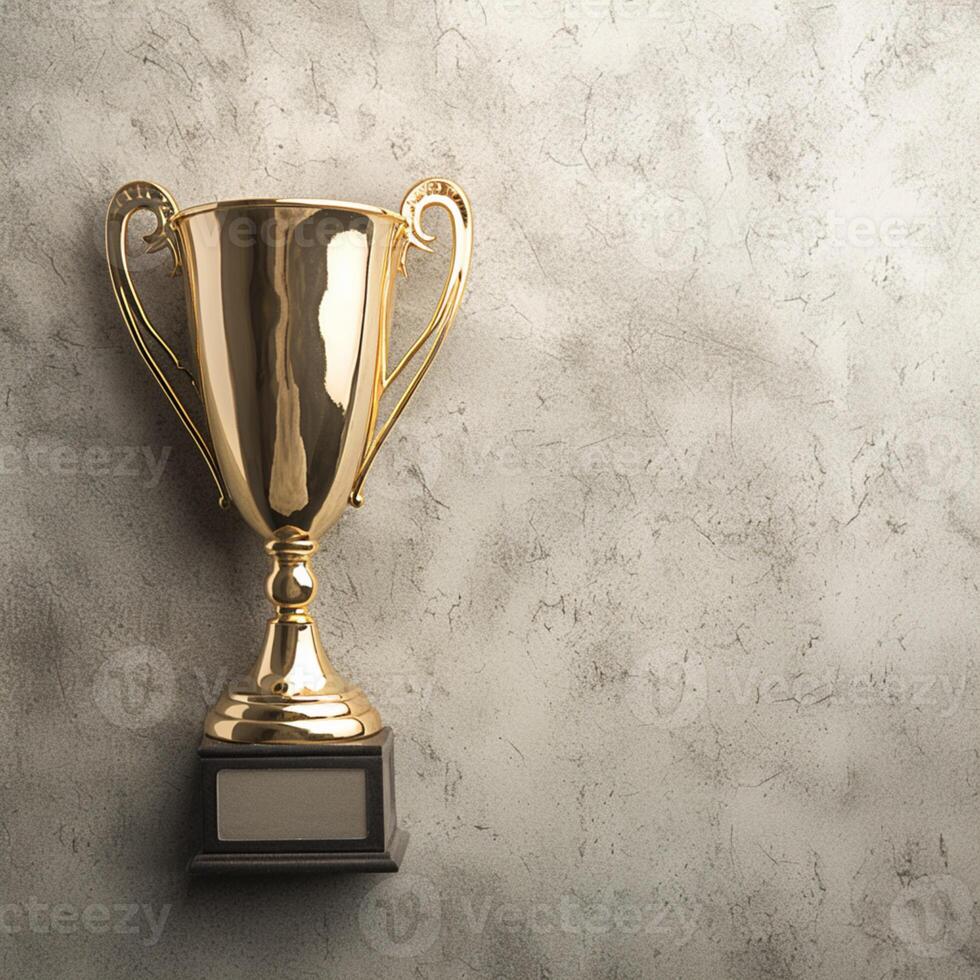 AI generated Winner gold trophy cup on concrete stone grey background, top view For Social Media Post Size photo