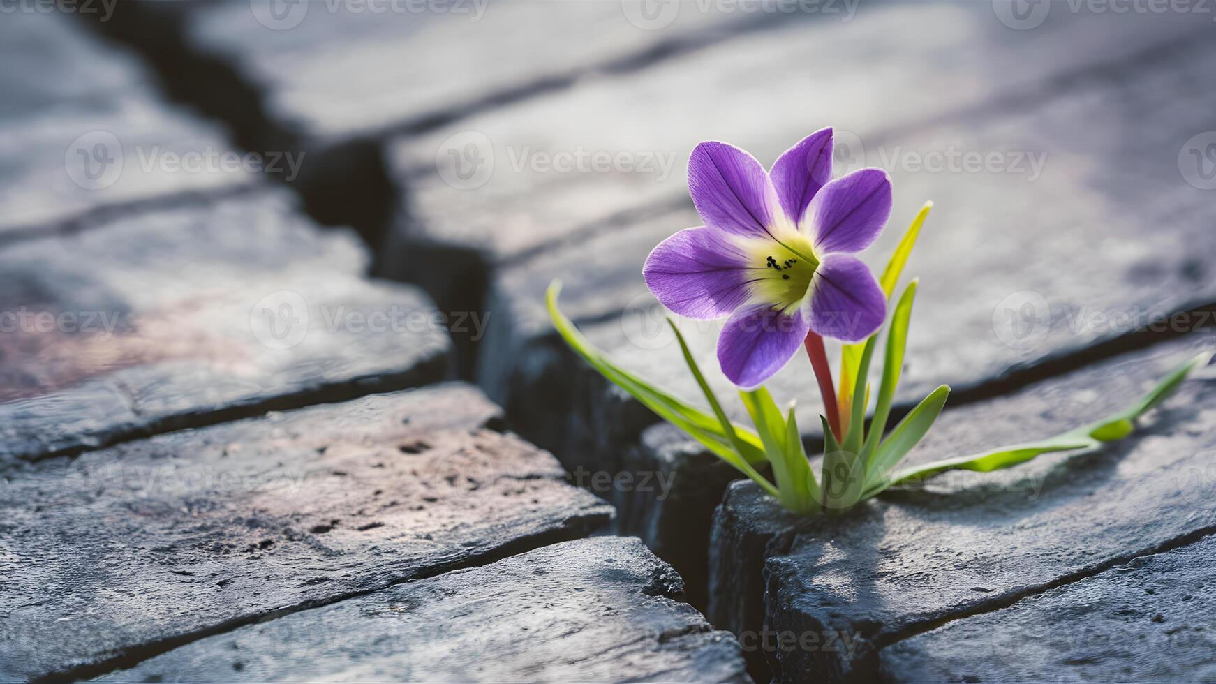 AI generated Soft focus of purple flower growing in crack, blank text photo