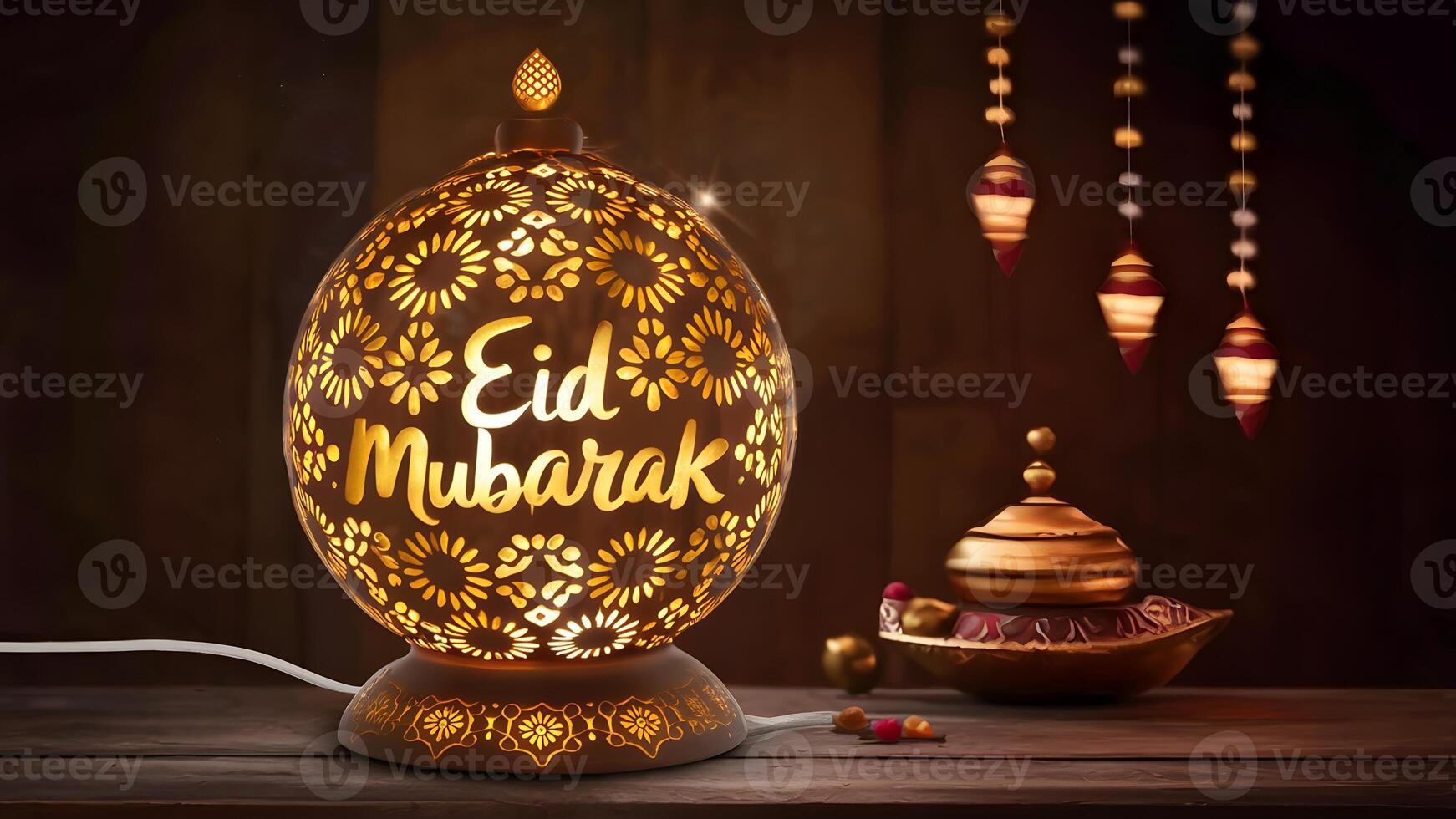 ai generado lámpara intrincadamente hecho a mano con eid Mubarak mensaje, festivo ambiente foto