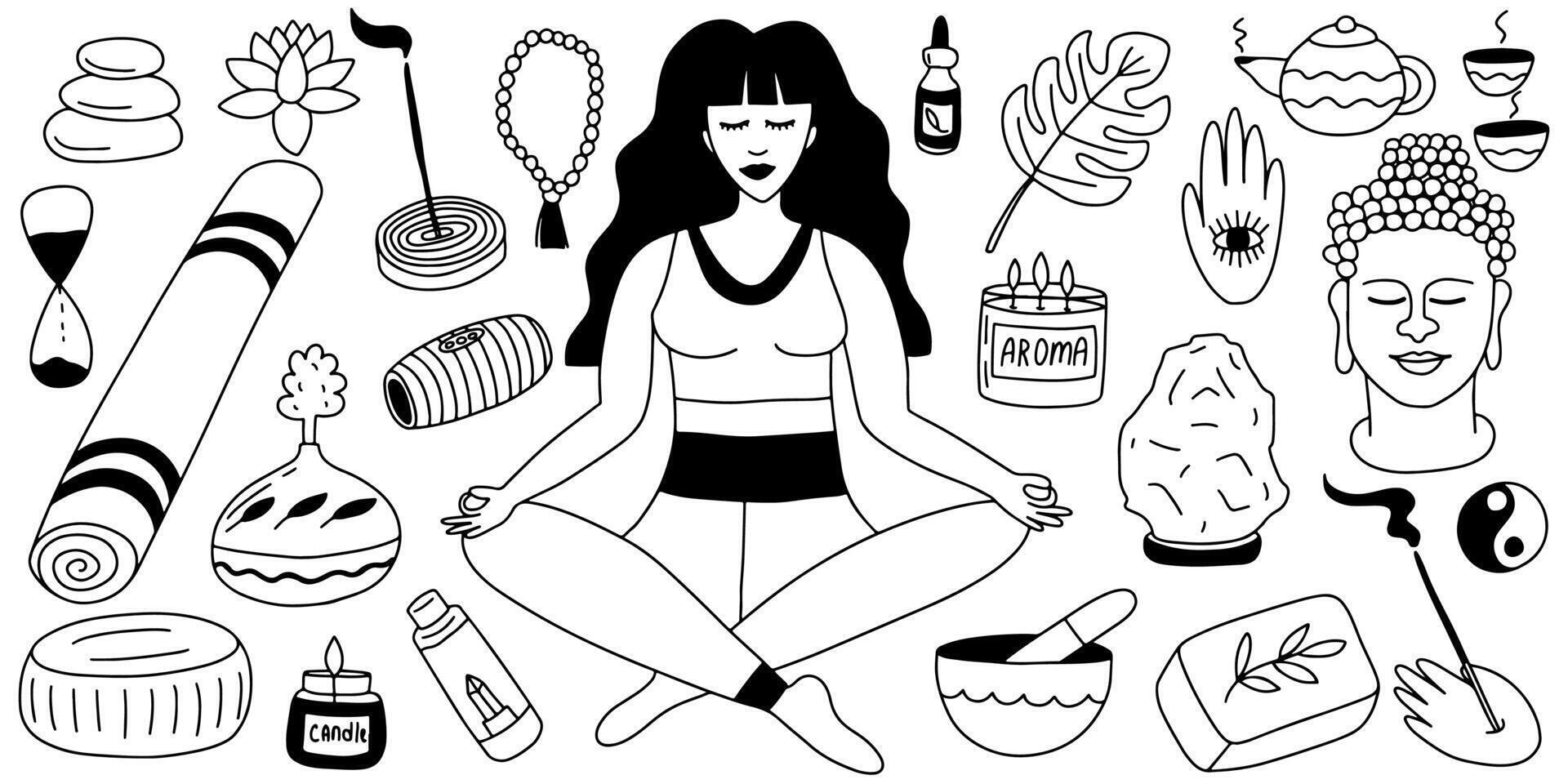 Yoga items vector set in doodle style. Woman in lotus pose and yoga elements sketches set