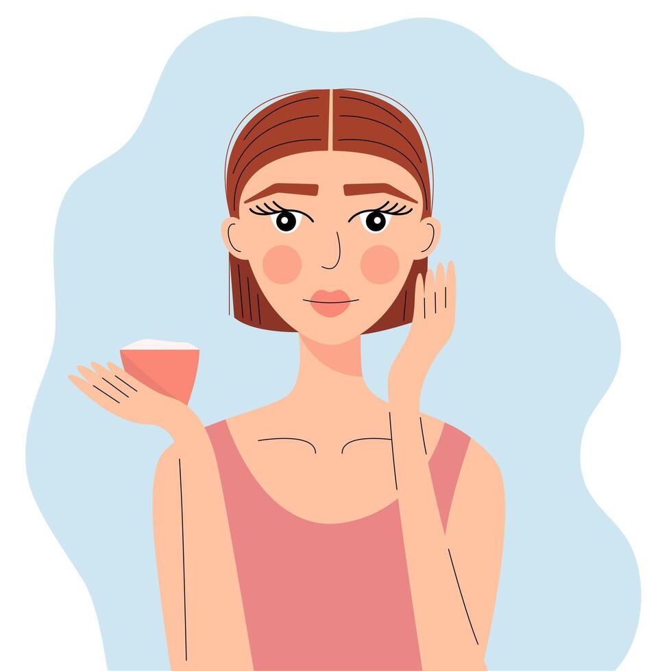 Flat woman smiling character with cream jar. Vector beauty care concept illustration.