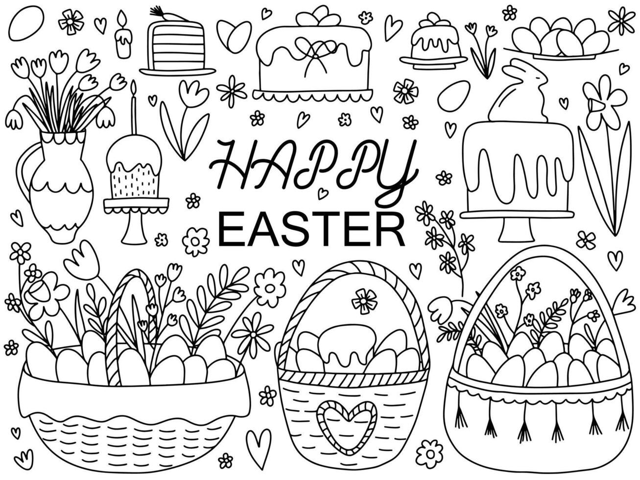 Doodle set with Easter baskets and cakes on white background. Vector Easter elements doodle set