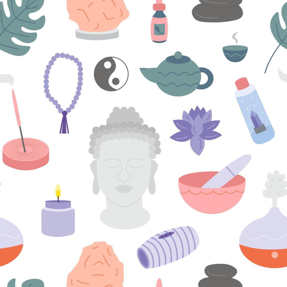 Flat vector yoga items seamless pattern. Yoga elements background vector flat style