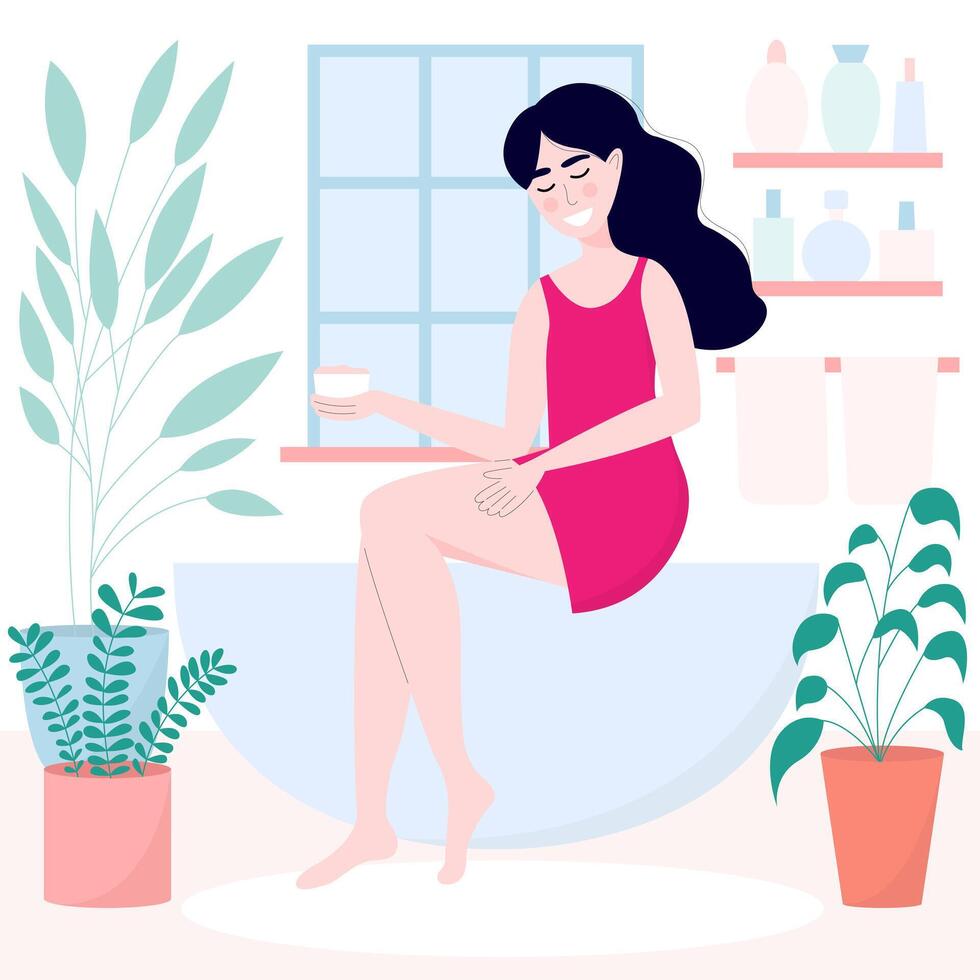 sonriente mujer sentado en su baño y aplicando cuerpo fregar en su piernas. vector plano ilustración con joven mujer haciendo piel cuidado procedimiento