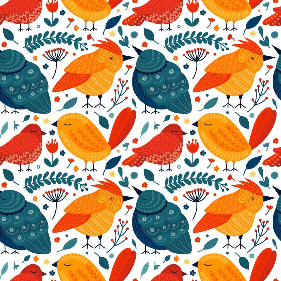 Different folk art birds and plants seamless pattern vector