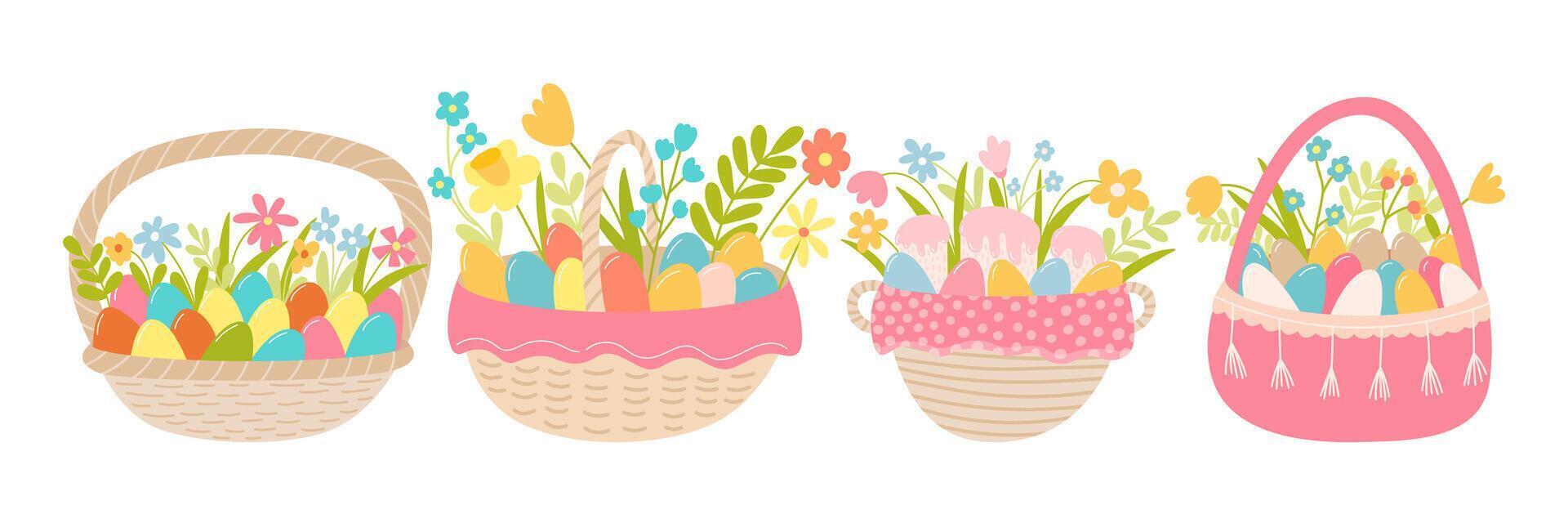 Cute set of pink Easter baskets set. Vector wicker baskets with tulips and daisies flowers and colorful eggs