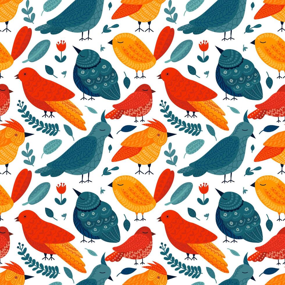 Flat style folk art birds seamless pattern. Vector pattern with colorful birds in folk art style