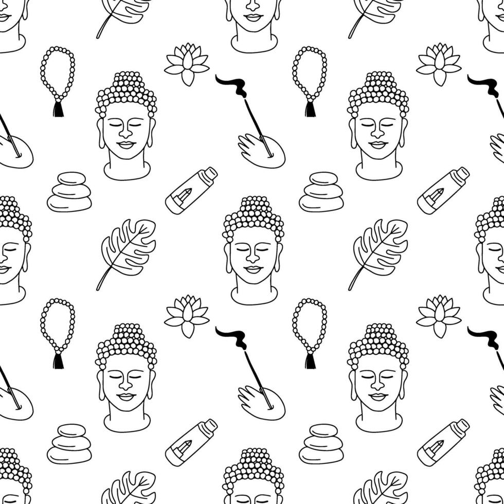 Hand drawn yoga elements seamless pattern. Buddha statue, aroma stick, flower, mantra beads and items vector