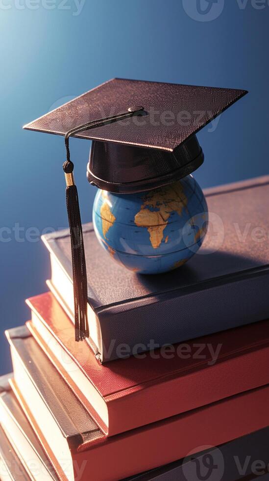 AI generated Image Back to School Graduation cap and Earth globe for worldwide study Vertical Mobile Wallpaper photo