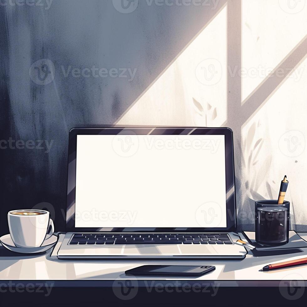 AI generated Productivity scene Desk with laptop, blank screen, coffee, and stationery For Social Media Post Size photo