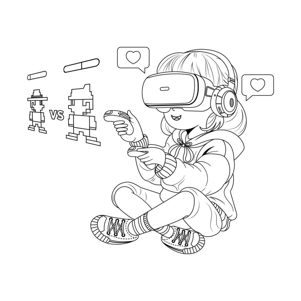 Hand drawn girl using virtual reality coloring book illustration vector