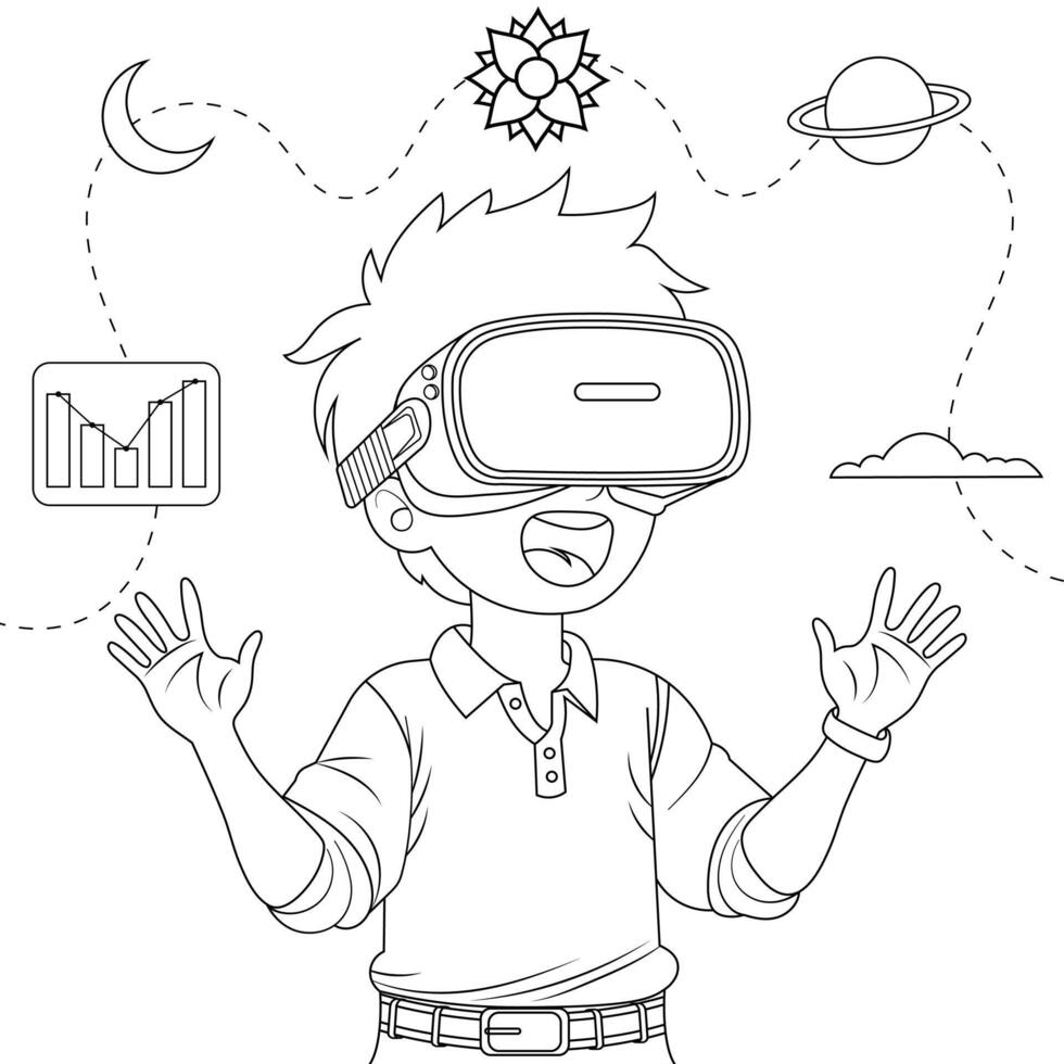 Hand drawn boy using virtual reality coloring book illustration vector