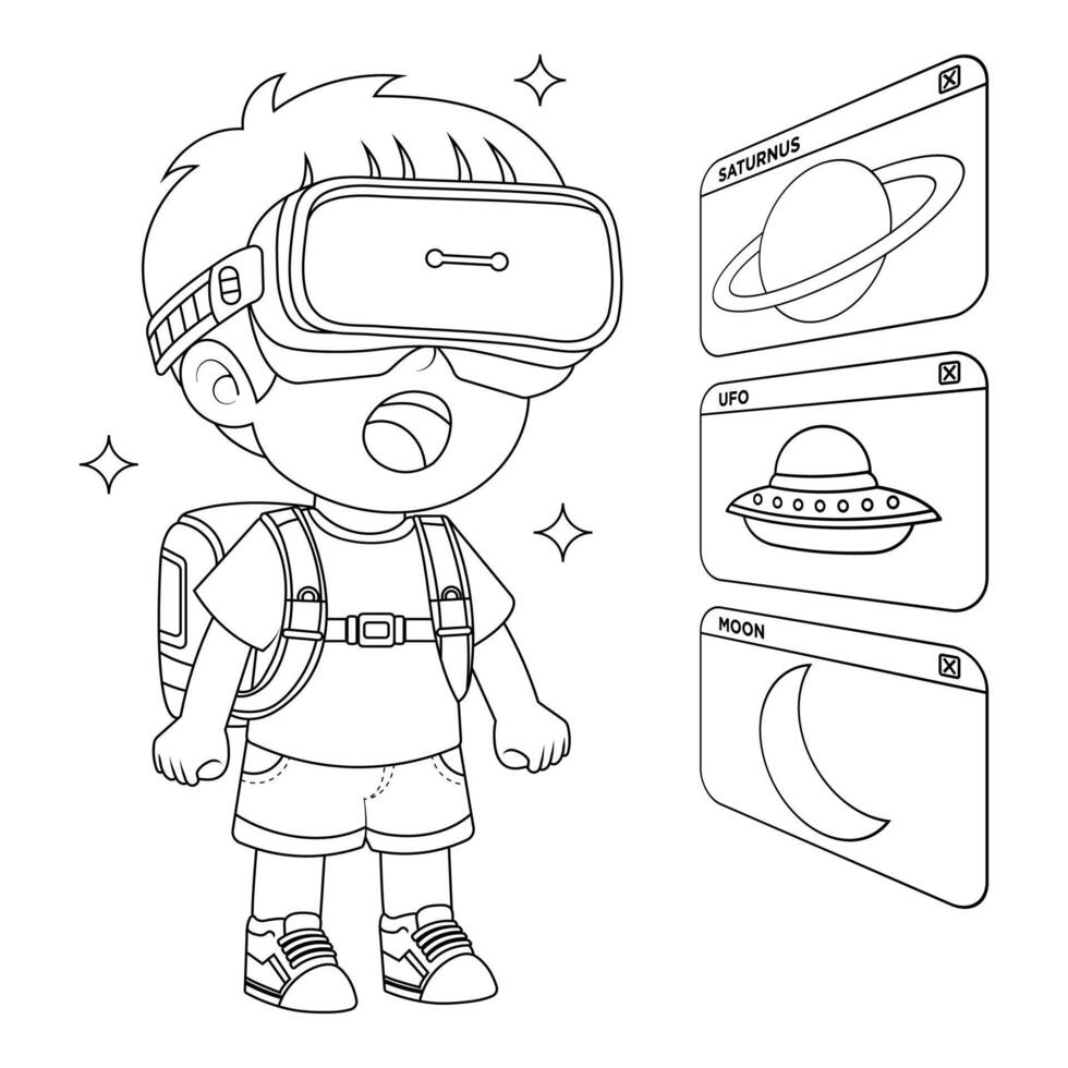 Hand drawn boy using virtual reality coloring book illustration vector