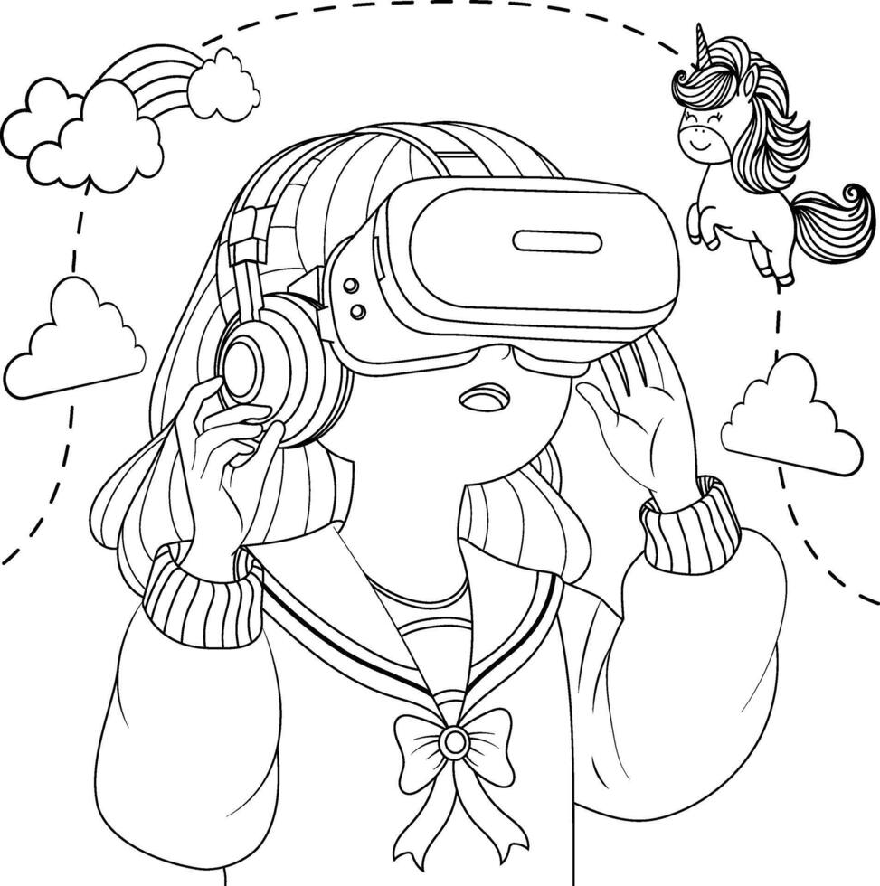 Hand drawn girl using virtual reality coloring book illustration vector