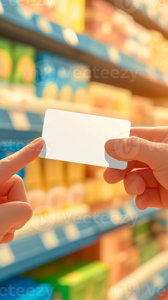 AI generated First person view of a hand offering credit card at supermarket Vertical Mobile Wallpaper photo