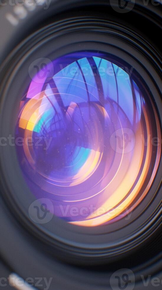 AI generated Colorful reflection Close up of a camera lens with vibrant hues Vertical Mobile Wallpaper photo