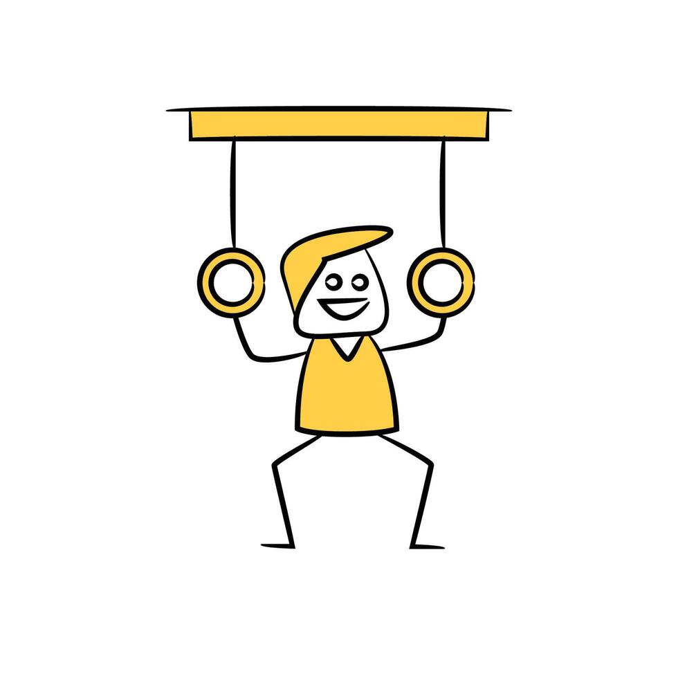 doodle man pulling rope and working out yellow stick figure theme vector