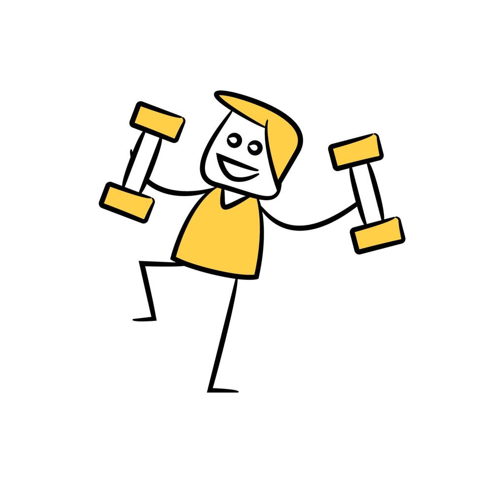 doodle man working out with dumbbell yellow stick figure theme vector