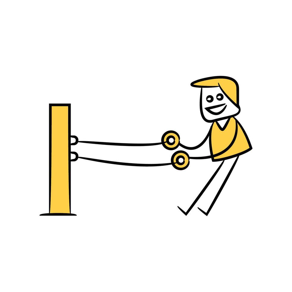 doodle man pulling rope and working out yellow stick figure theme vector